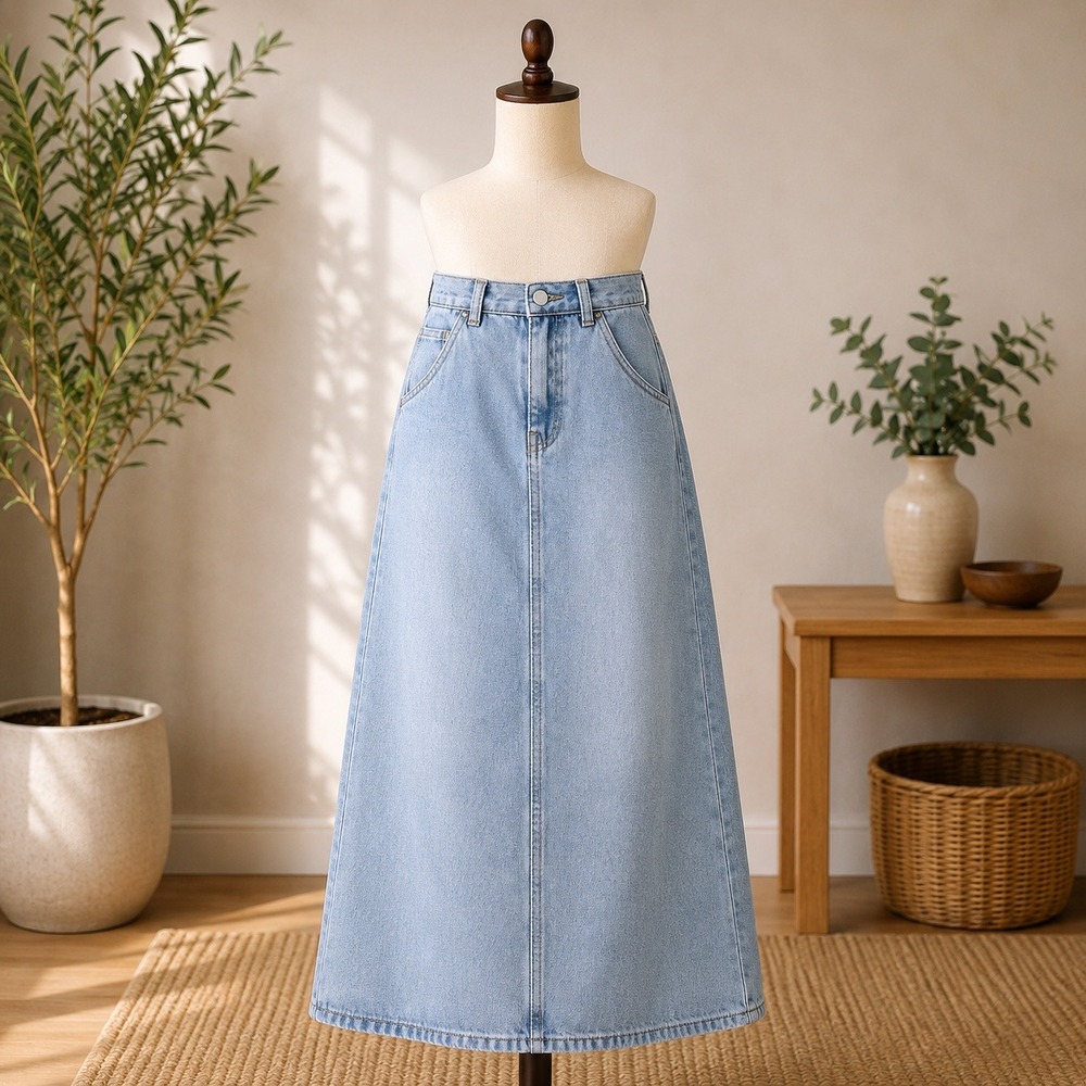 PTCL Denim Maxi Skirt Womens 26 Blue Light Wash Elastic Waist Long A-Line Skirt